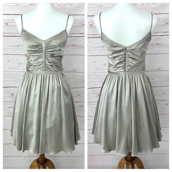 Banana Republic Taupe Brushed Silk Ruched Sleeveless Retro Flare Pocket Dress - Picture 12 of 15